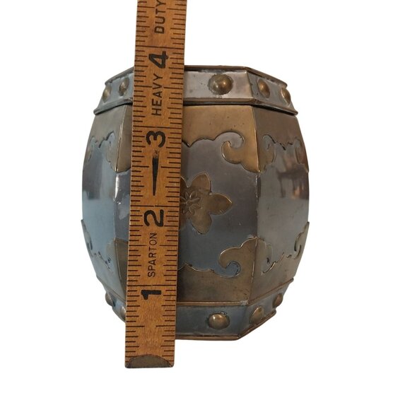 Vintage Hong Kong Pewter & Brass Tea Caddy Tobacco Jar Bat Lotus 1930s 4" - Picture 7 of 7